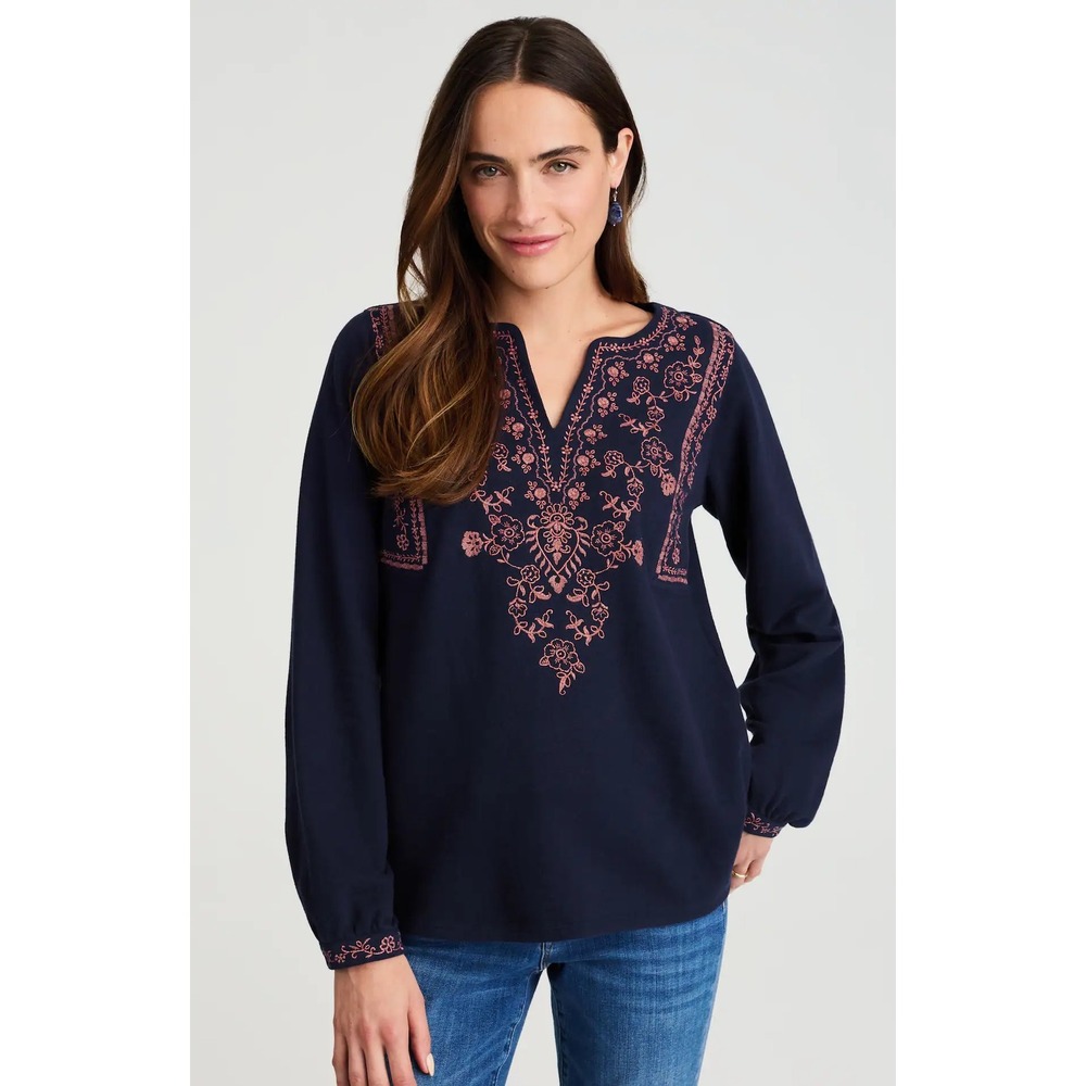 J. Jill Navy Blue‎ Pink Floral Embroidered Split Neck Cotton Top Womens Medium